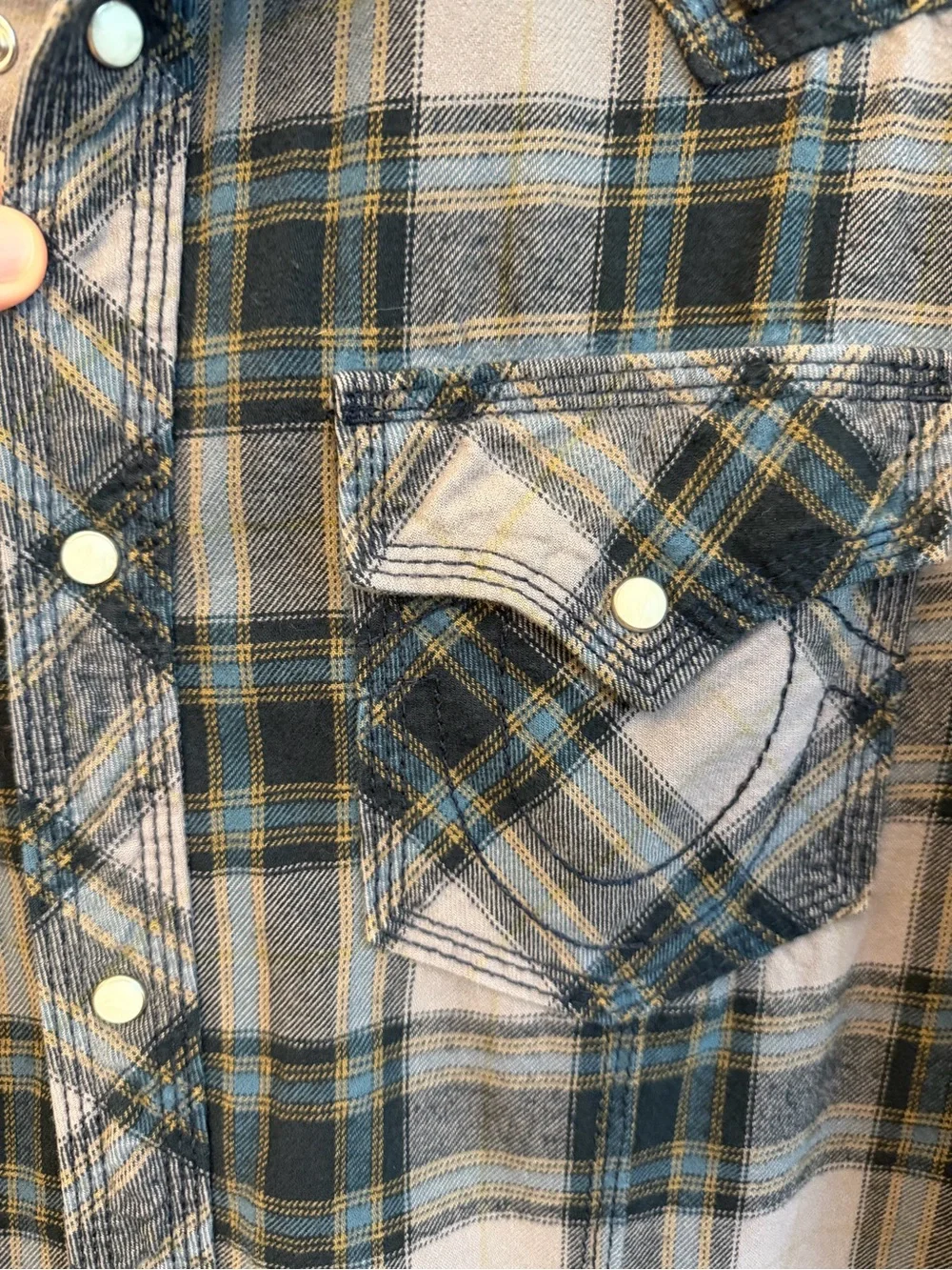 True Religion Gray and Blue Plaid Western Shirt Sz XL